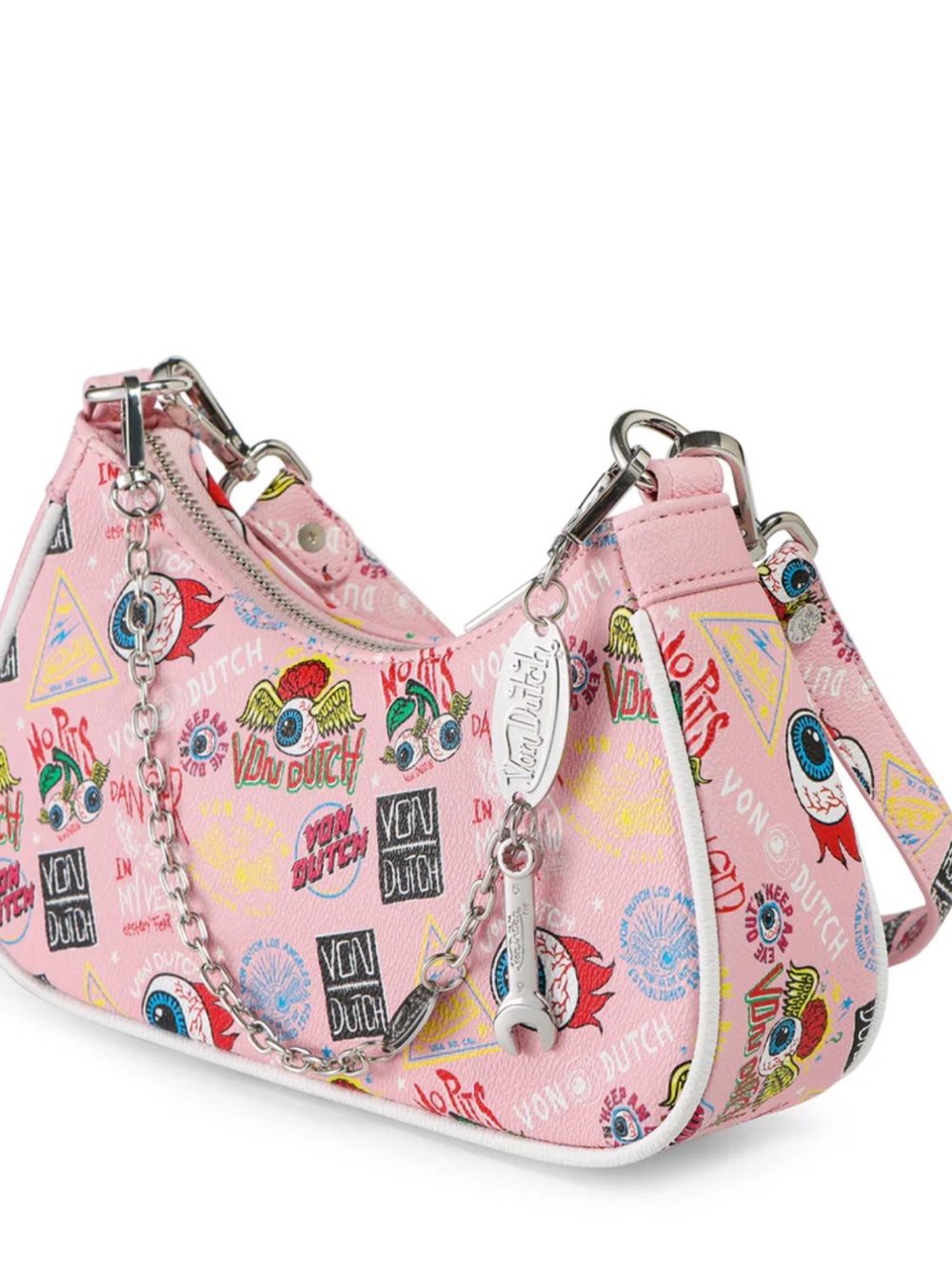 Von Dutch  Y2K Pink Jax Chaos Graphic Shoulder Bag NWT with Wrench Charm